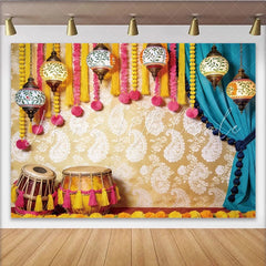Lofaris Vibrant Indian Cultural Photography Backdrop with Ornate Lanterns and Drums Golden Paisley Background for Festive Event Decor