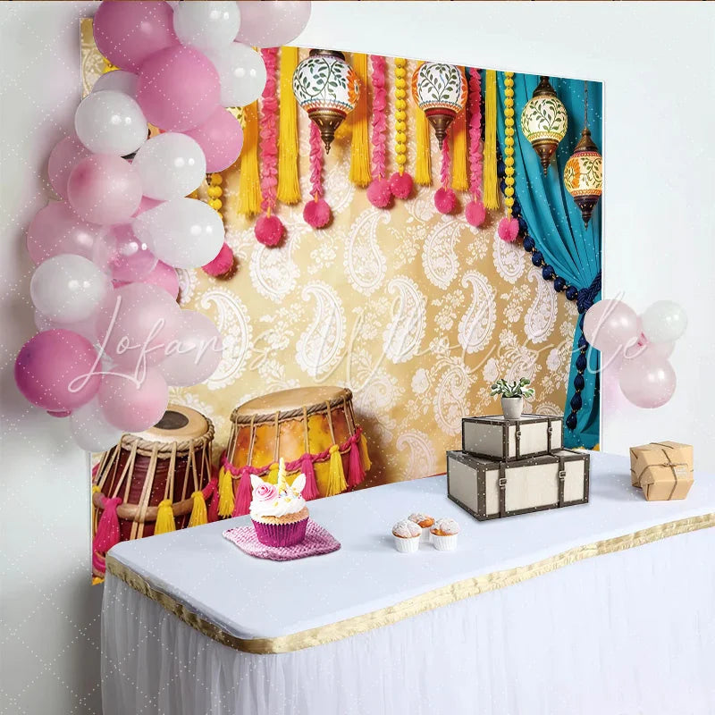 Lofaris Vibrant Indian Cultural Photography Backdrop with Ornate Lanterns and Drums Golden Paisley Background for Festive Event Decor