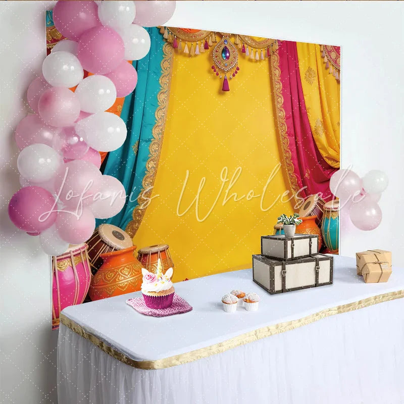 Lofaris Vibrant Indian Festival Backdrop with Colorful Drapes Traditional Instruments and Elegant Photo Background for Cultural