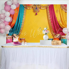 Lofaris Vibrant Indian Festival Backdrop with Colorful Drapes Traditional Instruments and Elegant Photo Background for Cultural