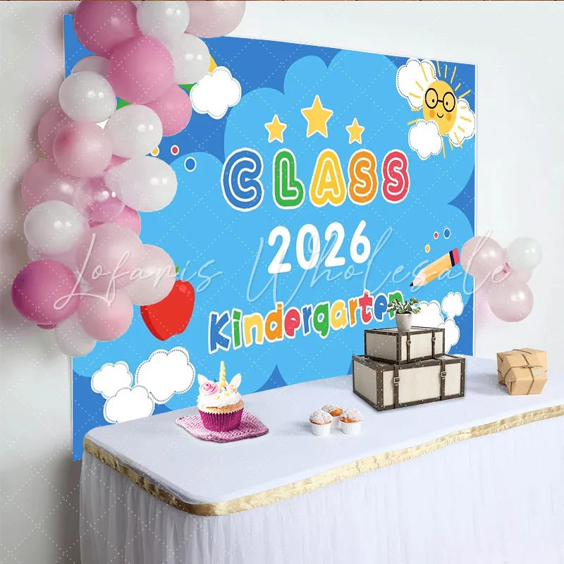 Lofaris Vibrant Kindergarten Class 2026 Party Backdrop Rainbow Sun Apple Pencil for Graduation Decor