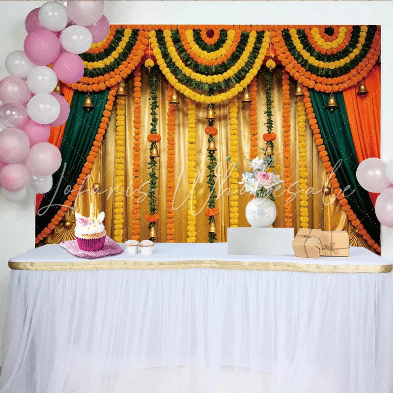 Lofaris Vibrant Marigold Wedding Backdrop with Golden Bells and Green Garlands Elegant Festive Event Decor for Photography and Celebrations.