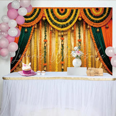 Lofaris Vibrant Marigold Wedding Backdrop with Golden Bells and Green Garlands Elegant Festive Event Decor for Photography and Celebrations.
