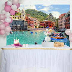 Lofaris Vibrant Mediterranean Coastal Town Photography Backdrop Colorful Buildings and Turquoise Water Scenic Background