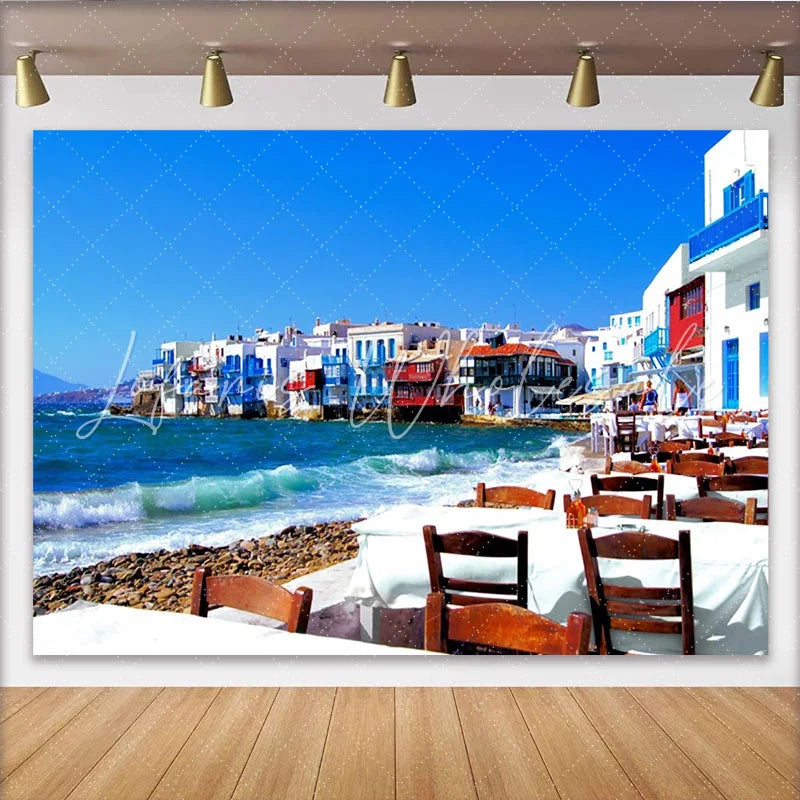 Lofaris Vibrant Mediterranean Coastal Village Photography Backdrop Scenic Blue Sea Background for Travel Theme Party