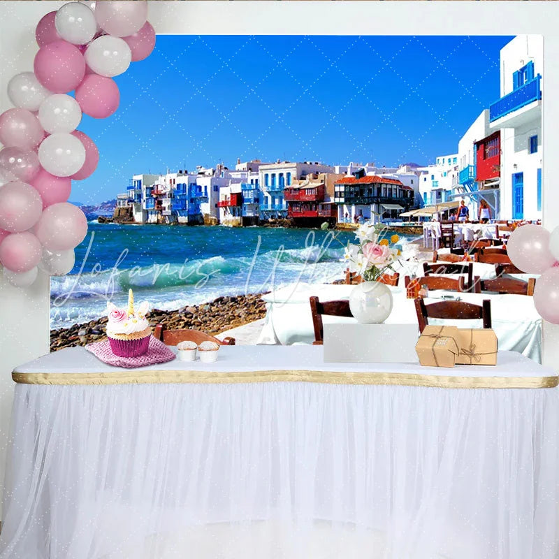 Lofaris Vibrant Mediterranean Coastal Village Photography Backdrop Scenic Blue Sea Background for Travel Theme Party