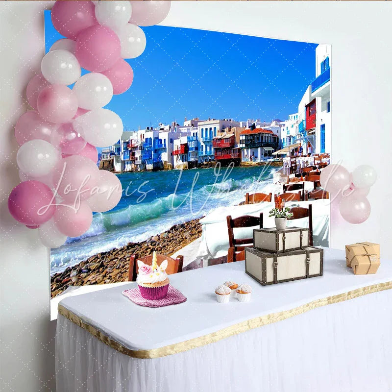 Lofaris Vibrant Mediterranean Coastal Village Photography Backdrop Scenic Blue Sea Background for Travel Theme Party
