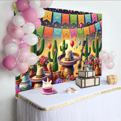 Lofaris Vibrant Mexican Fiesta Backdrop with Cacti and Sombrero Colorful Balloons and Guitar Party Background