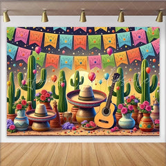 Lofaris Vibrant Mexican Fiesta Backdrop with Cacti and Sombrero Colorful Balloons and Guitar Party Background