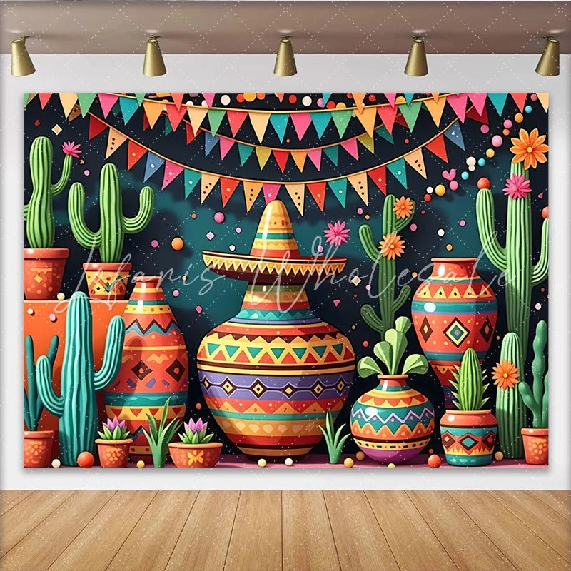Lofaris Vibrant Mexican Fiesta Backdrop with Cacti and Sombrero Colorful Pottery and Bunting Party Decor for Celebration Photography