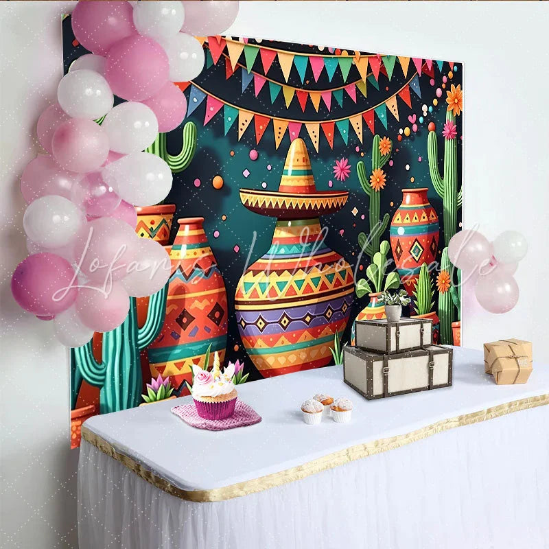 Lofaris Vibrant Mexican Fiesta Backdrop with Cacti and Sombrero Colorful Pottery and Bunting Party Decor for Celebration Photography