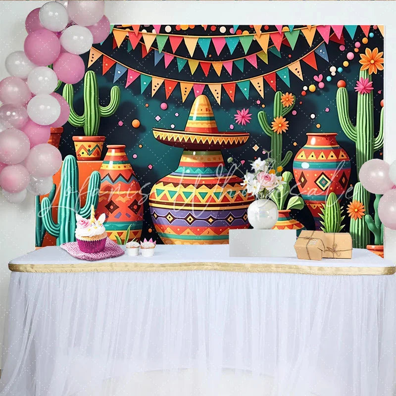 Lofaris Vibrant Mexican Fiesta Backdrop with Cacti and Sombrero Colorful Pottery and Bunting Party Decor for Celebration Photography