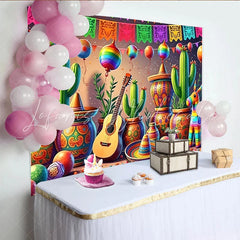 Lofaris Vibrant Mexican Fiesta Backdrop with Cacti Sombreros and Guitar Colorful Party Background for Cinco de Mayo Celebration