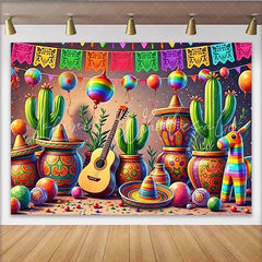 Lofaris Vibrant Mexican Fiesta Backdrop with Cacti Sombreros and Guitar Colorful Party Background for Cinco de Mayo Celebration