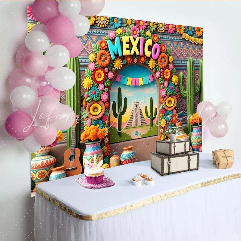 Lofaris Vibrant Mexican Fiesta Backdrop with Colorful 3D Flowers Lively Party Decor Background for Photography