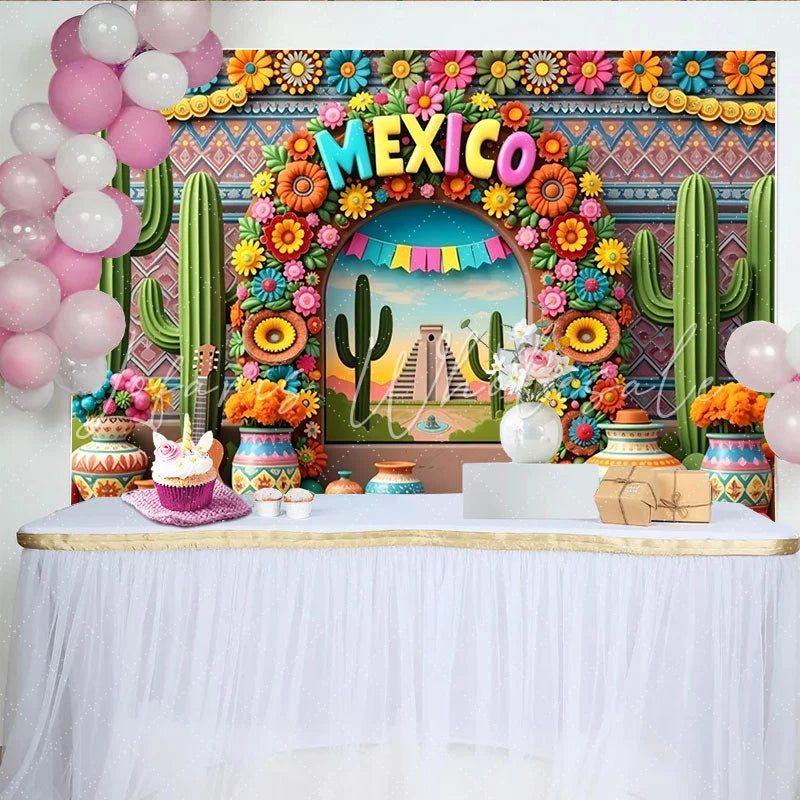 Lofaris Vibrant Mexican Fiesta Backdrop with Colorful 3D Flowers Lively Party Decor Background for Photography