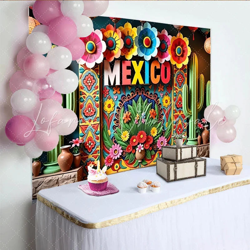 Lofaris Vibrant Mexican Fiesta Backdrop with Colorful Flowers Cacti and Mexico Text Festive Party Decoration Photo Booth Background