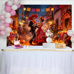 Lofaris Vibrant Mexican Fiesta Backdrop with Dancing Skeletons and Marigolds Colorful Photography Background for Cultural Celebration