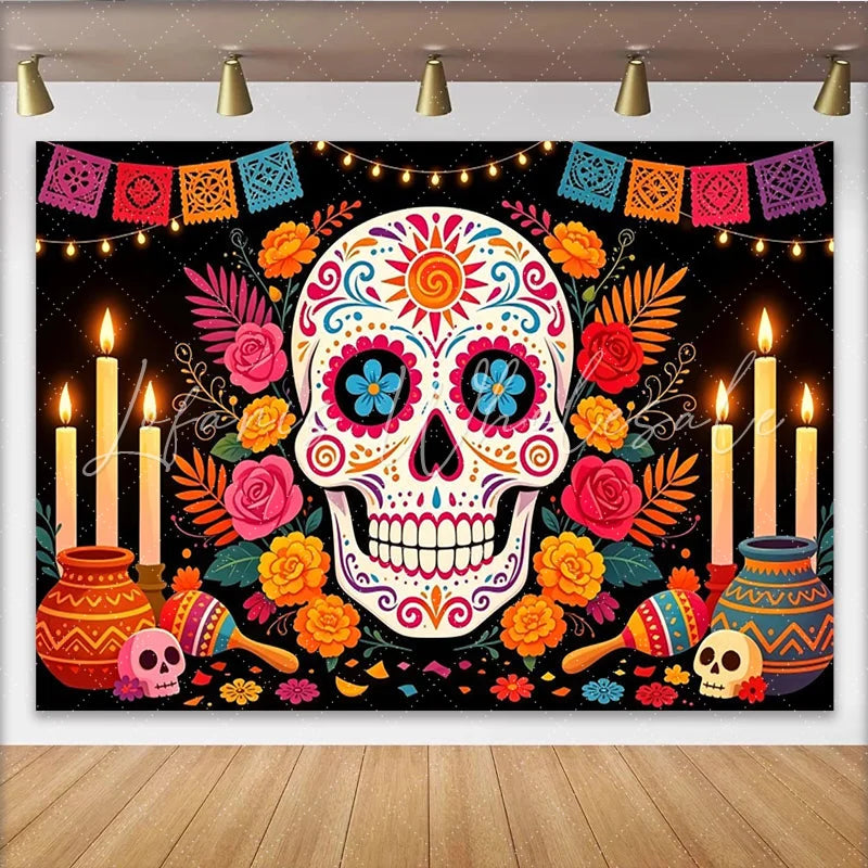 Lofaris Vibrant Mexican Fiesta Backdrop with Sugar Skull and Colorful Flowers Festive Party Decor for Day of the Dead Celebration