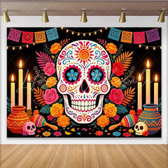 Lofaris Vibrant Mexican Fiesta Backdrop with Sugar Skull and Colorful Flowers Festive Party Decor for Day of the Dead Celebration