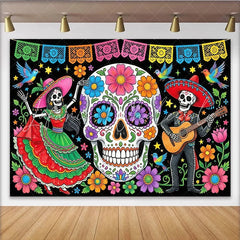 Lofaris Vibrant Mexican Fiesta Backdrop with Sugar Skull and Dancing Skeletons Colorful Day of the Dead Party Decor