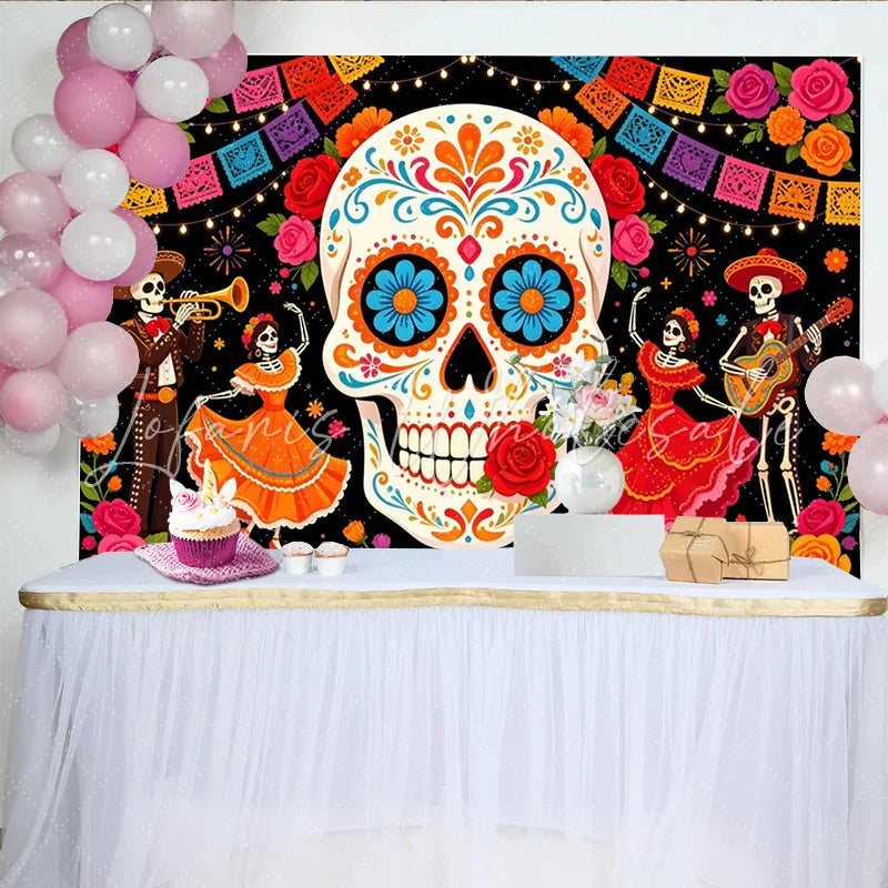 Lofaris Vibrant Mexican Fiesta Backdrop with Sugar Skull and Dancing Skeletons Colorful Day of the Dead Party Background for Celebration