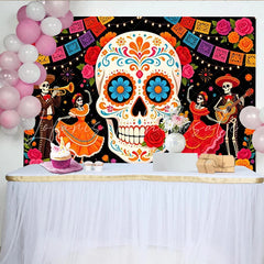 Lofaris Vibrant Mexican Fiesta Backdrop with Sugar Skull and Dancing Skeletons Colorful Day of the Dead Party Background for Celebration