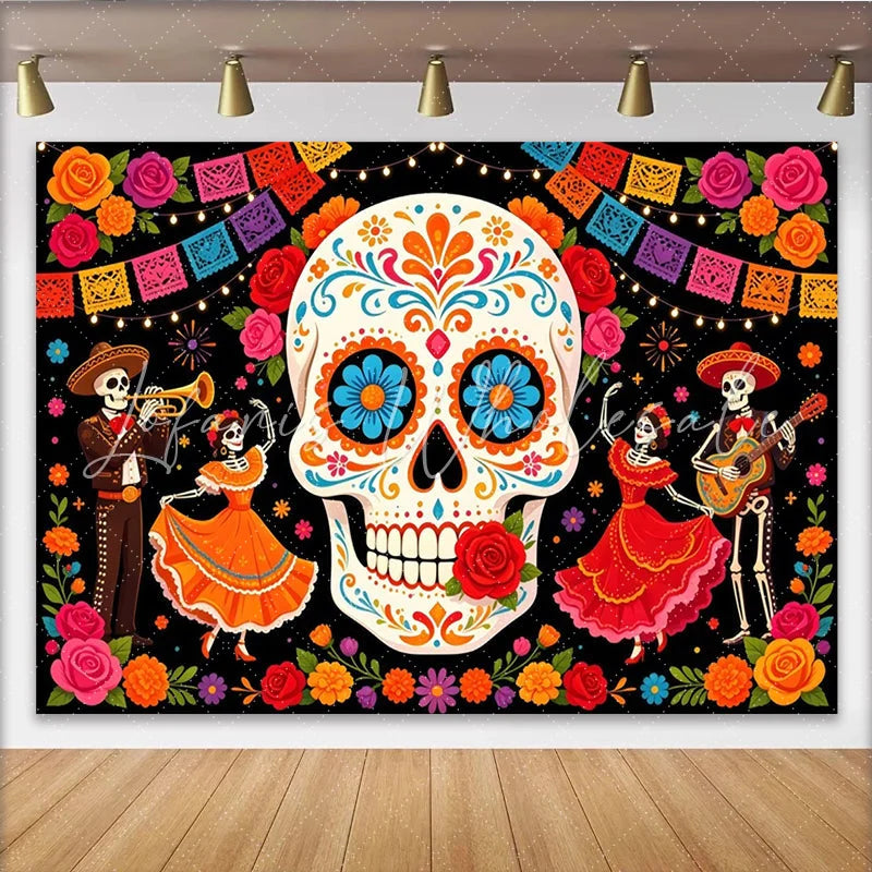 Lofaris Vibrant Mexican Fiesta Backdrop with Sugar Skull and Dancing Skeletons Colorful Day of the Dead Party Background for Celebration