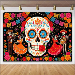 Lofaris Vibrant Mexican Fiesta Backdrop with Sugar Skull and Dancing Skeletons Colorful Day of the Dead Party Background for Celebration
