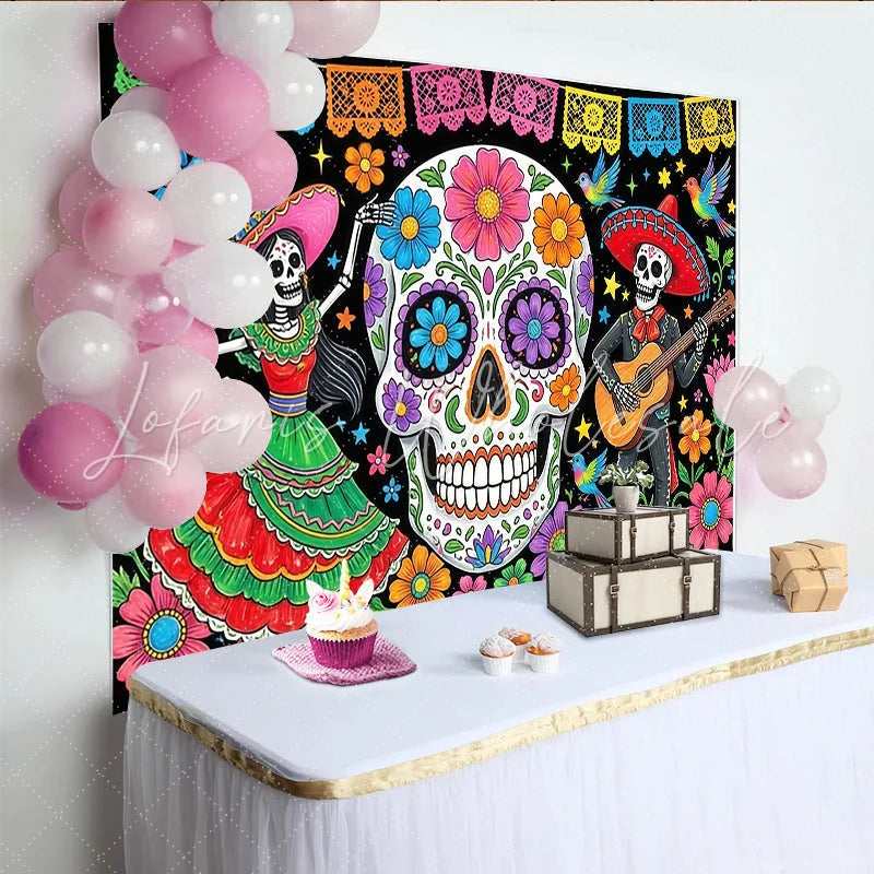 Lofaris Vibrant Mexican Fiesta Backdrop with Sugar Skull and Dancing Skeletons Colorful Day of the Dead Party Decor