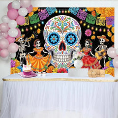 Lofaris Vibrant Mexican Fiesta Backdrop with Sugar Skull and Dancing Skeletons Festive Party Background for Cultural Event Photography