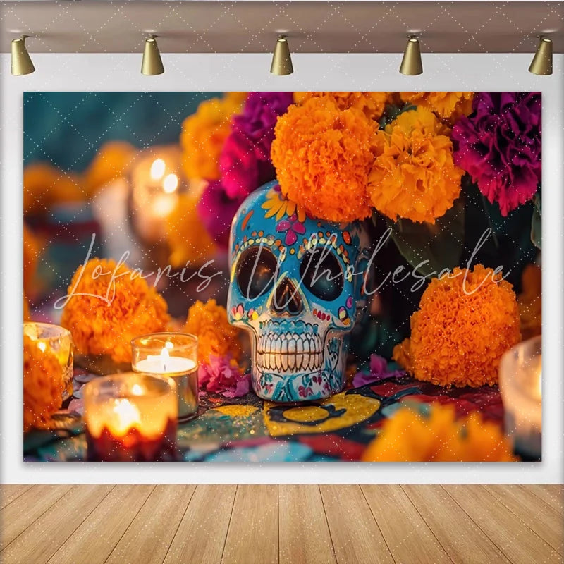 Lofaris Vibrant Mexican Fiesta Backdrop with Sugar Skull and Marigold Flowers Festive Day of the Dead Background for Party Decor