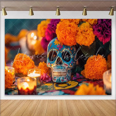 Lofaris Vibrant Mexican Fiesta Backdrop with Sugar Skull and Marigold Flowers Festive Day of the Dead Background for Party Decor