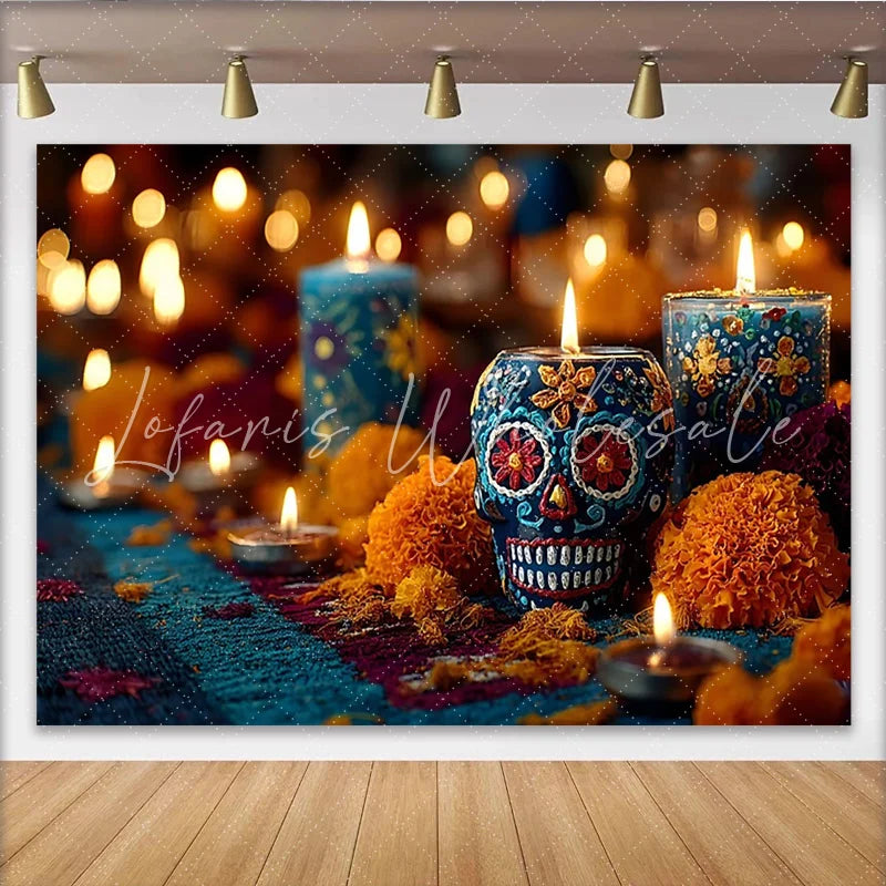 Lofaris Vibrant Mexican Fiesta Backdrop with Sugar Skull and Marigold Flowers Festive Day of the Dead Party Decor for Celebration
