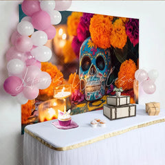 Lofaris Vibrant Mexican Fiesta Backdrop with Sugar Skull and Marigold Flowers Festive Day of the Dead Background for Party Decor