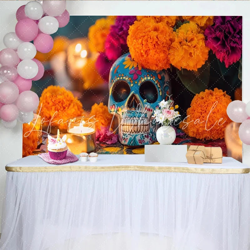 Lofaris Vibrant Mexican Fiesta Backdrop with Sugar Skull and Marigold Flowers Festive Day of the Dead Background for Party Decor