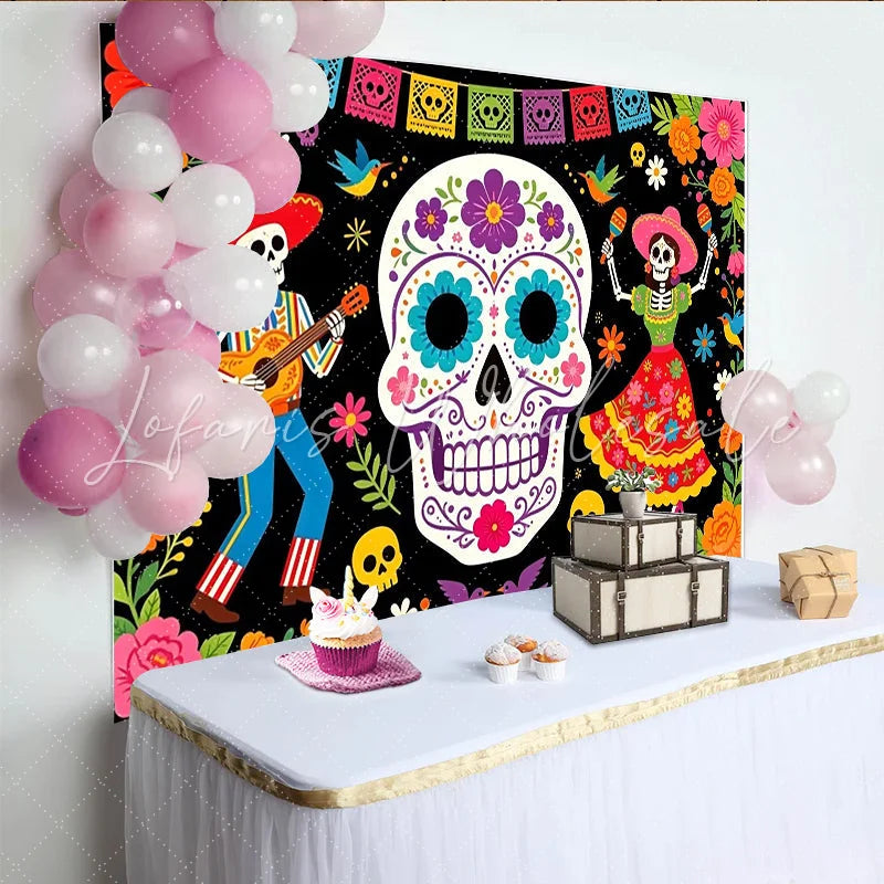 Lofaris Vibrant Mexican Fiesta Backdrop with Sugar Skulls and Skeletons Colorful Photo Background for Day of the Dead Celebration
