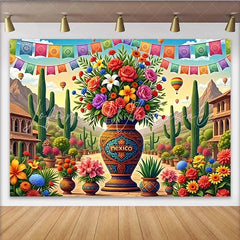 Lofaris Vibrant Mexican Fiesta Photography Backdrop with Colorful Flowers and Cacti Festive Party Decor for Celebration