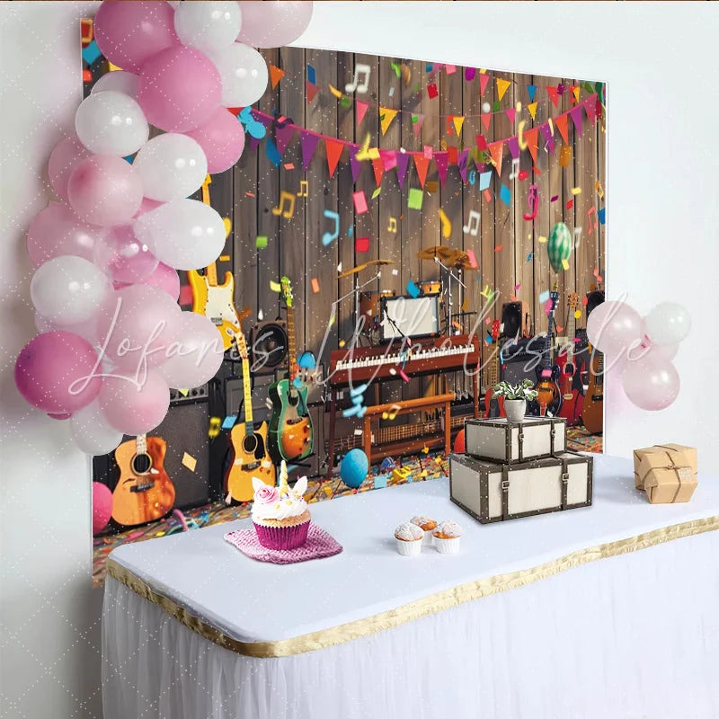 Lofaris Vibrant Music Party Birthday Backdrop with Guitars and Drums Colorful Celebration Background for Festive Photoshoot
