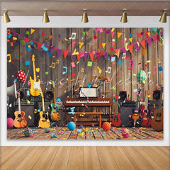 Lofaris Vibrant Music Party Birthday Backdrop with Guitars and Drums Colorful Celebration Background for Festive Photoshoot