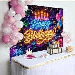 Lofaris Vibrant Neon Glow Happy Birthday Backdrop with Balloons and Gifts Colorful Brick Wall Photography Background for Party Decoration