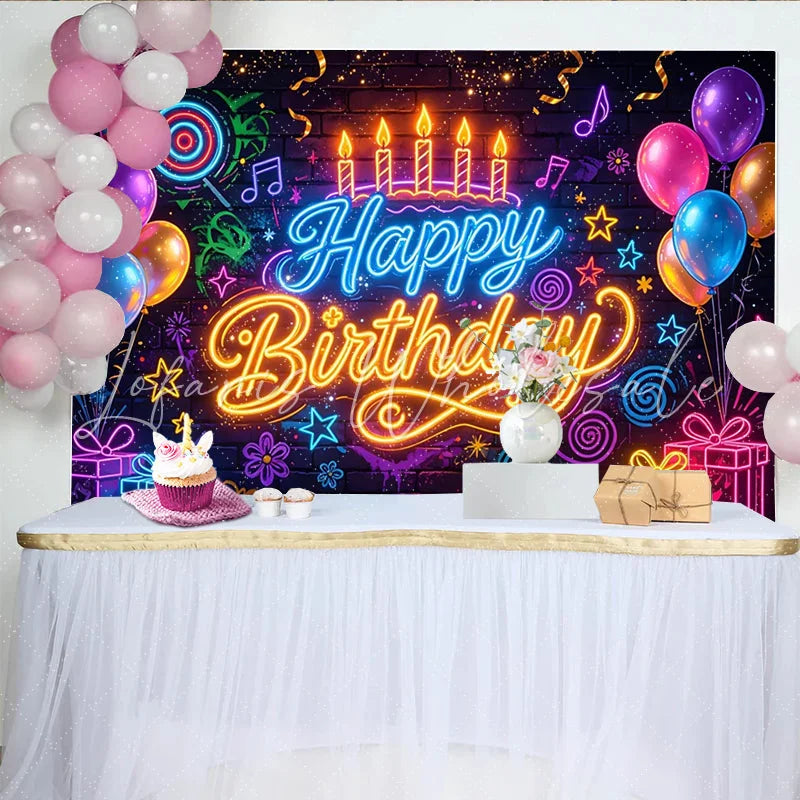 Lofaris Vibrant Neon Glow Happy Birthday Backdrop with Balloons and Gifts Colorful Brick Wall Photography Background for Party Decoration