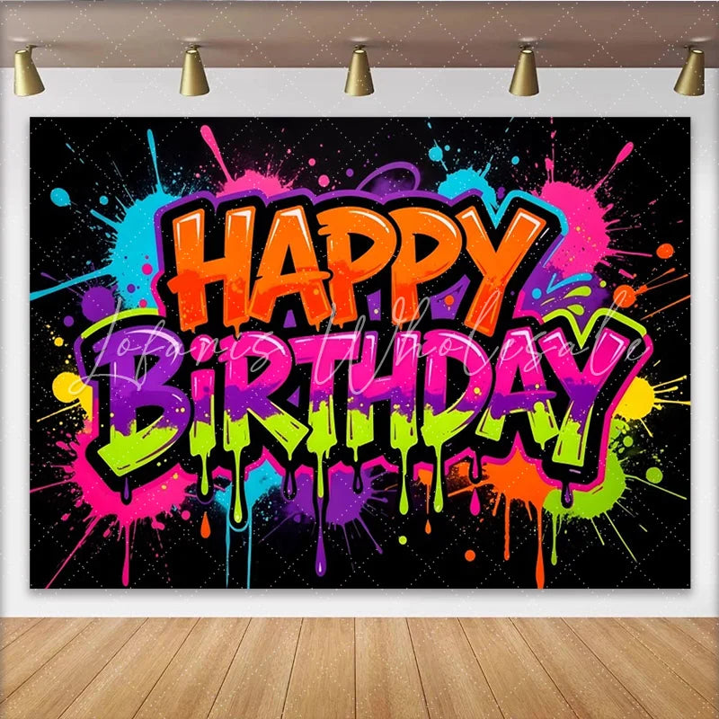 Lofaris Vibrant Neon Graffiti Happy Birthday Backdrop with Paint Splatters Colorful Party Background for Kids and Adults