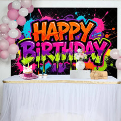 Lofaris Vibrant Neon Graffiti Happy Birthday Backdrop with Paint Splatters Colorful Party Background for Kids and Adults
