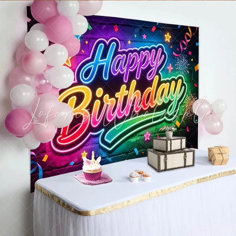 Lofaris Vibrant Neon Happy Birthday Backdrop with Brick Wall and Confetti Colorful Fireworks and Stars Design Festive Party Background