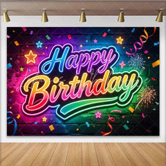 Lofaris Vibrant Neon Happy Birthday Backdrop with Brick Wall and Confetti Colorful Fireworks and Stars Design Festive Party Background