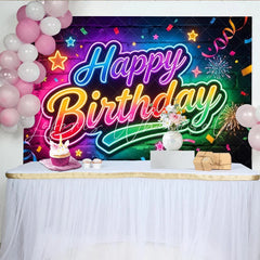 Lofaris Vibrant Neon Happy Birthday Backdrop with Brick Wall and Confetti Colorful Fireworks and Stars Design Festive Party Background