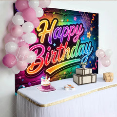 Lofaris Vibrant Neon Happy Birthday Brick Wall Backdrop with Rainbow Colors Sparkling Confetti Party Background for Festive Celebration