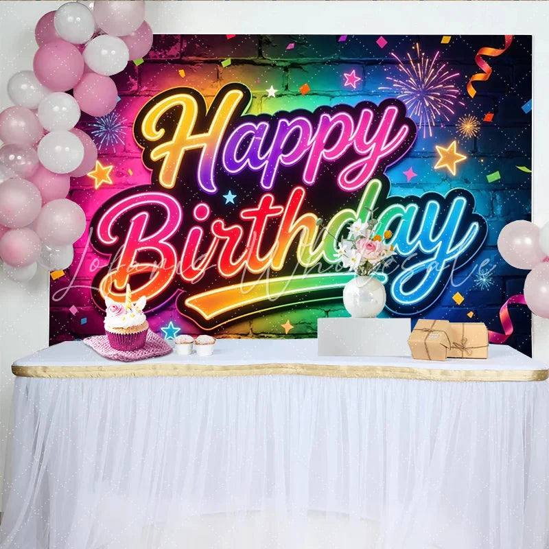 Lofaris Vibrant Neon Happy Birthday Brick Wall Backdrop with Rainbow Colors Sparkling Confetti Party Background for Festive Celebration