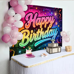 Lofaris Vibrant Neon Happy Birthday Photography Backdrop Colorful Brick Wall Background for Party Decor and Photoshoot